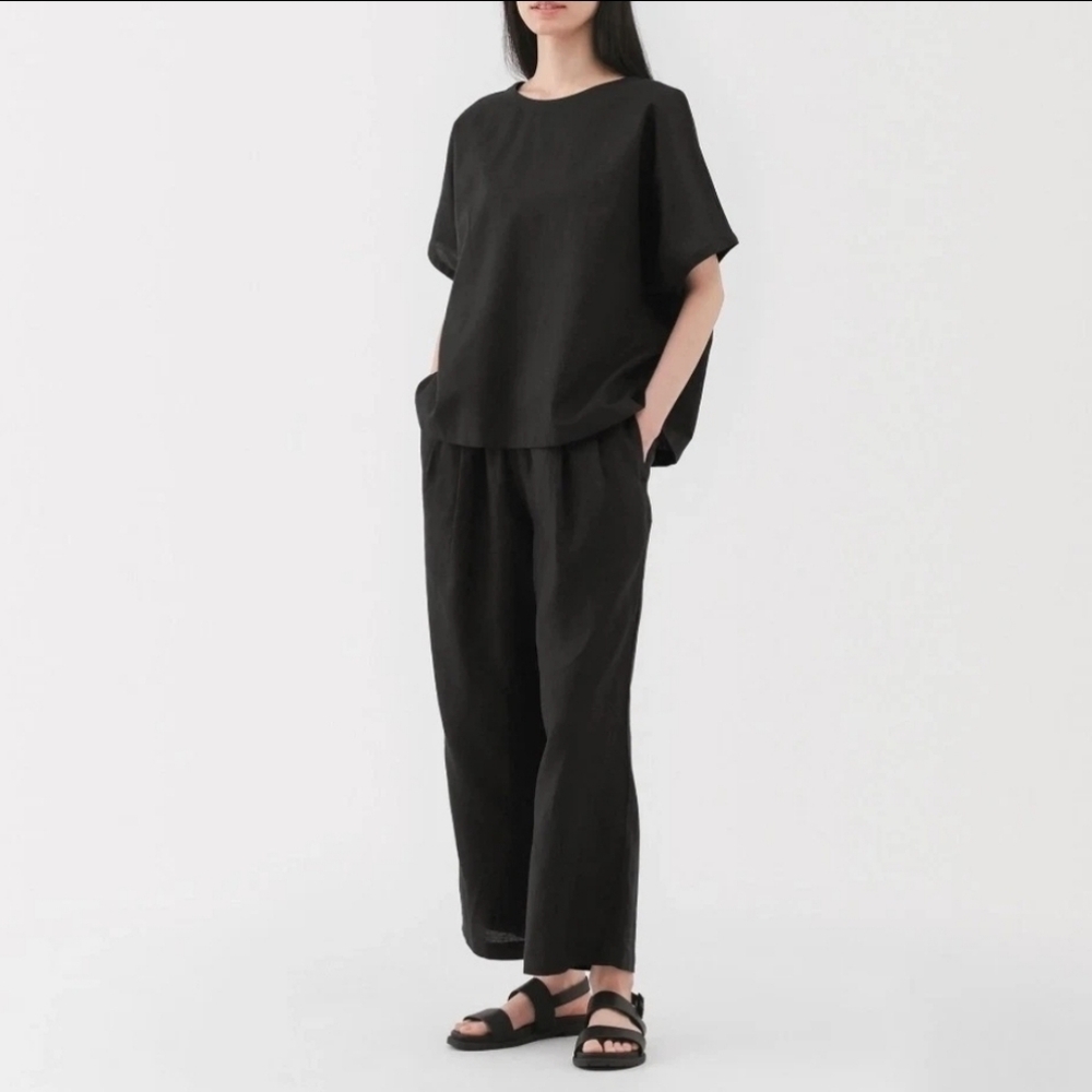 MUJI Womens 100% Linen Washed Easy Wide Pants Black